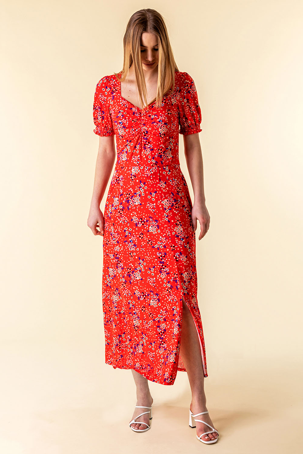 Red Ditsy Floral Ruched Maxi Dress, Image 3 of 4