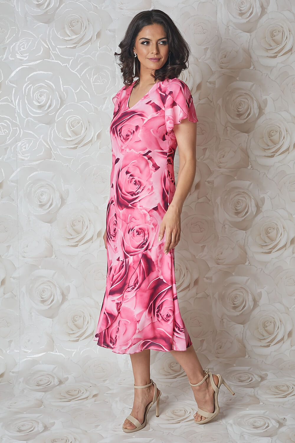 CERISE Rose Print Bias Cut Midi Dress , Image 2 of 5