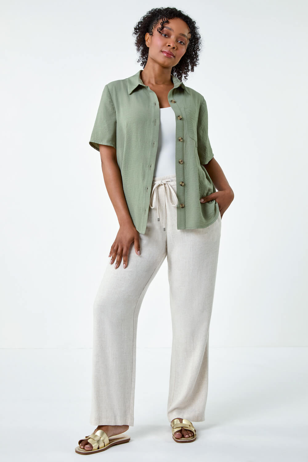 KHAKI Petite Button Up Pocket Shirt, Image 2 of 5