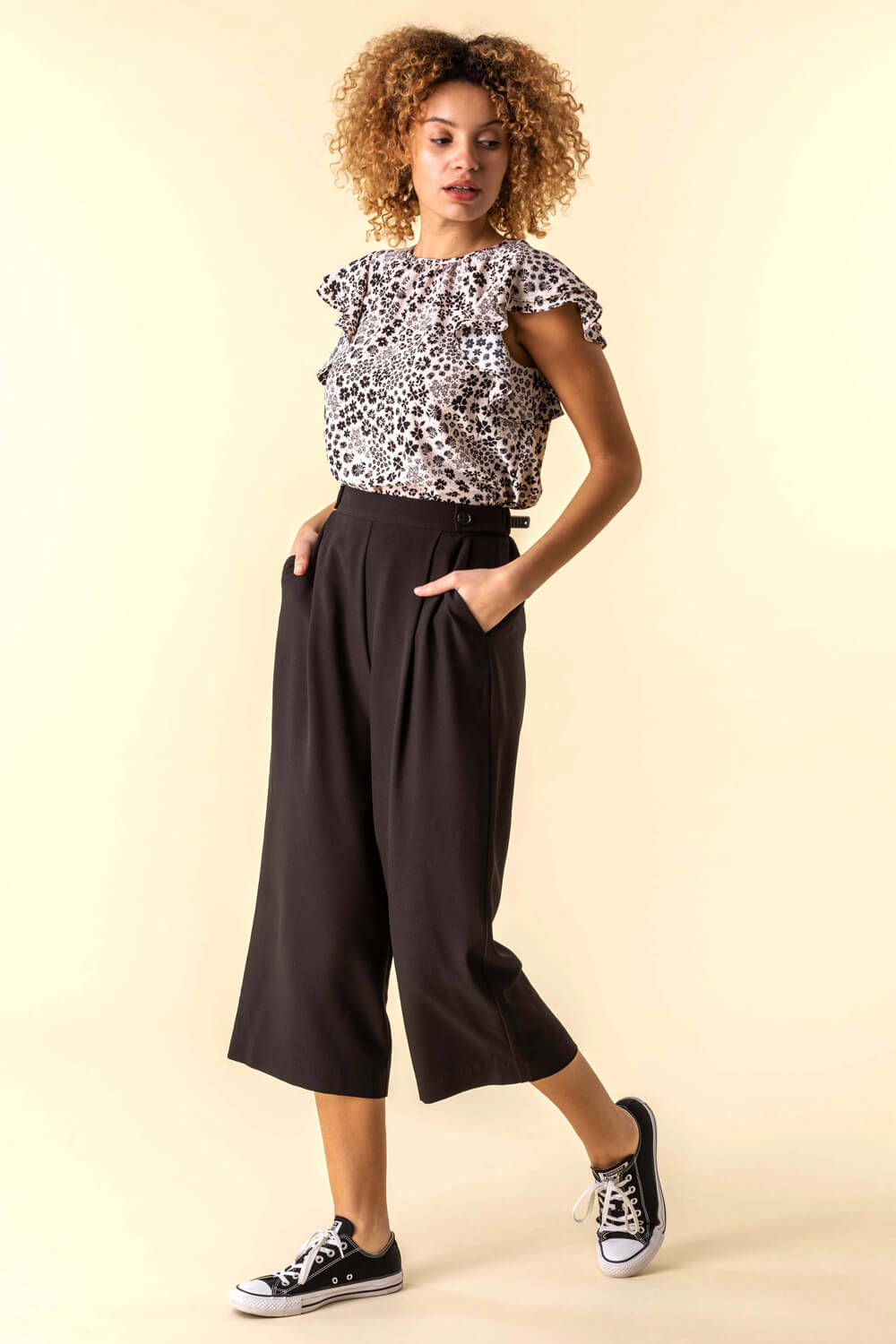 Black Button Detail Stretch Culotte Trousers, Image 2 of 4