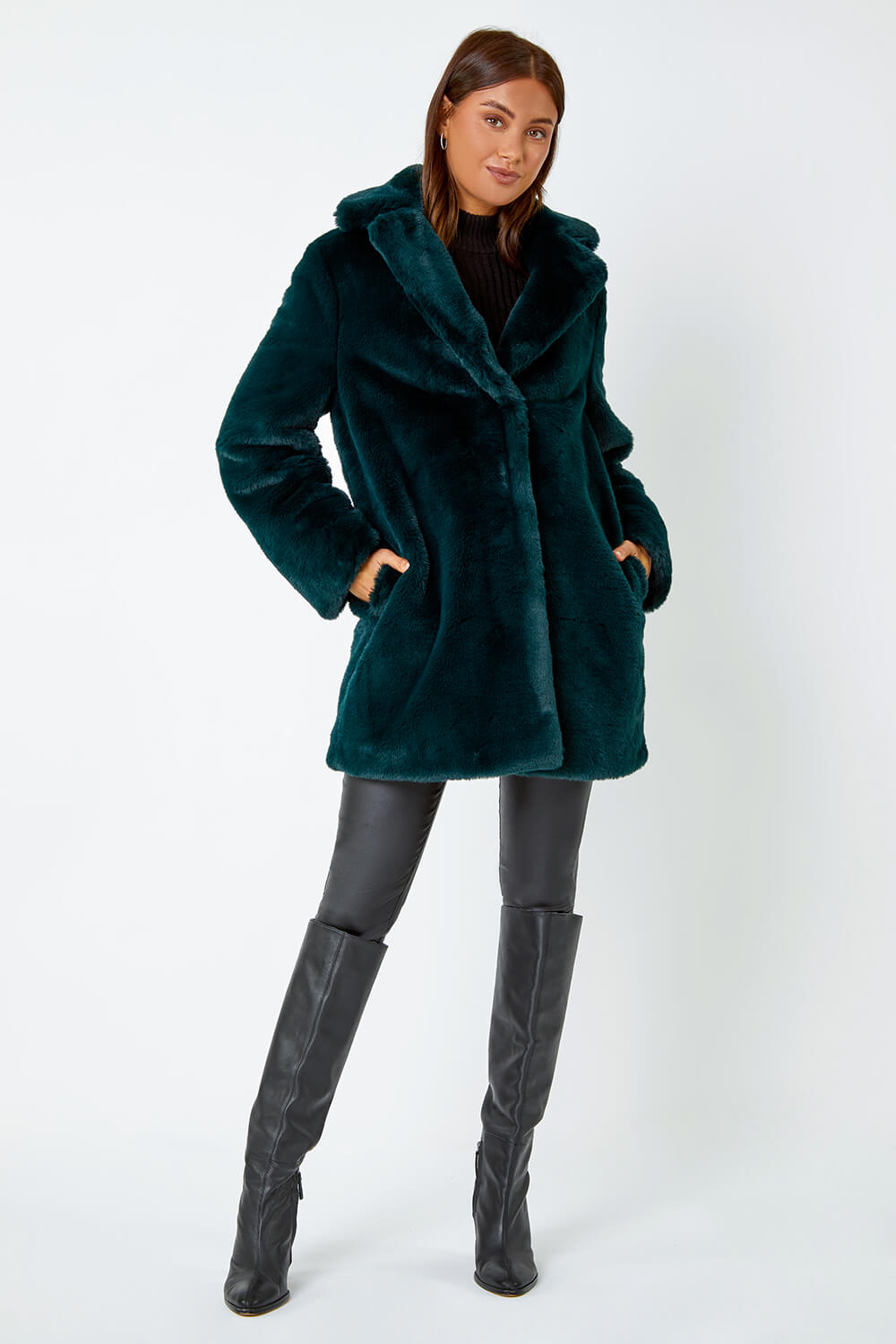 Emerald Faux Fur Longline Coat, Image 2 of 5