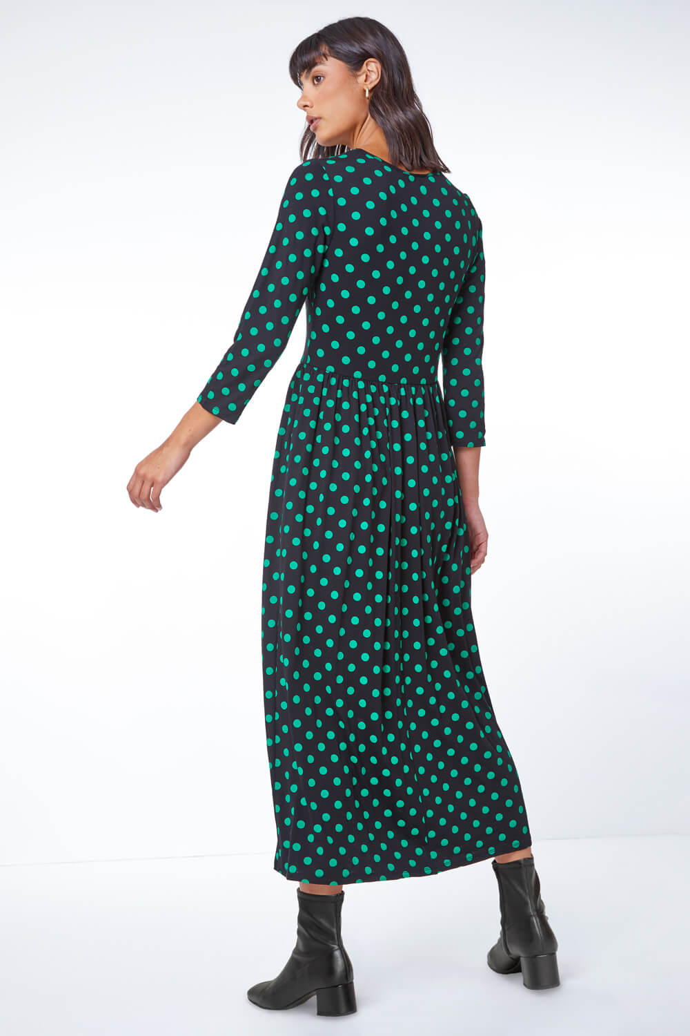 Spot Print Gathered Skirt Midi Stretch Dress in Green - Roman Originals UK