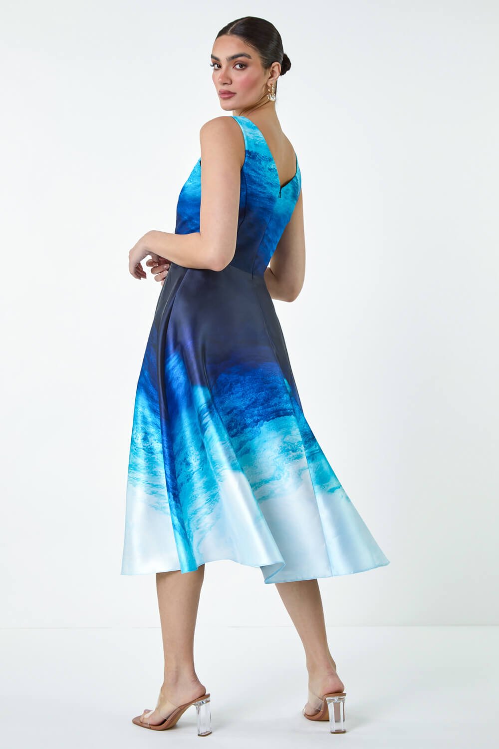 Blue Ombre Print Satin Feel Midi Dress, Image 3 of 6