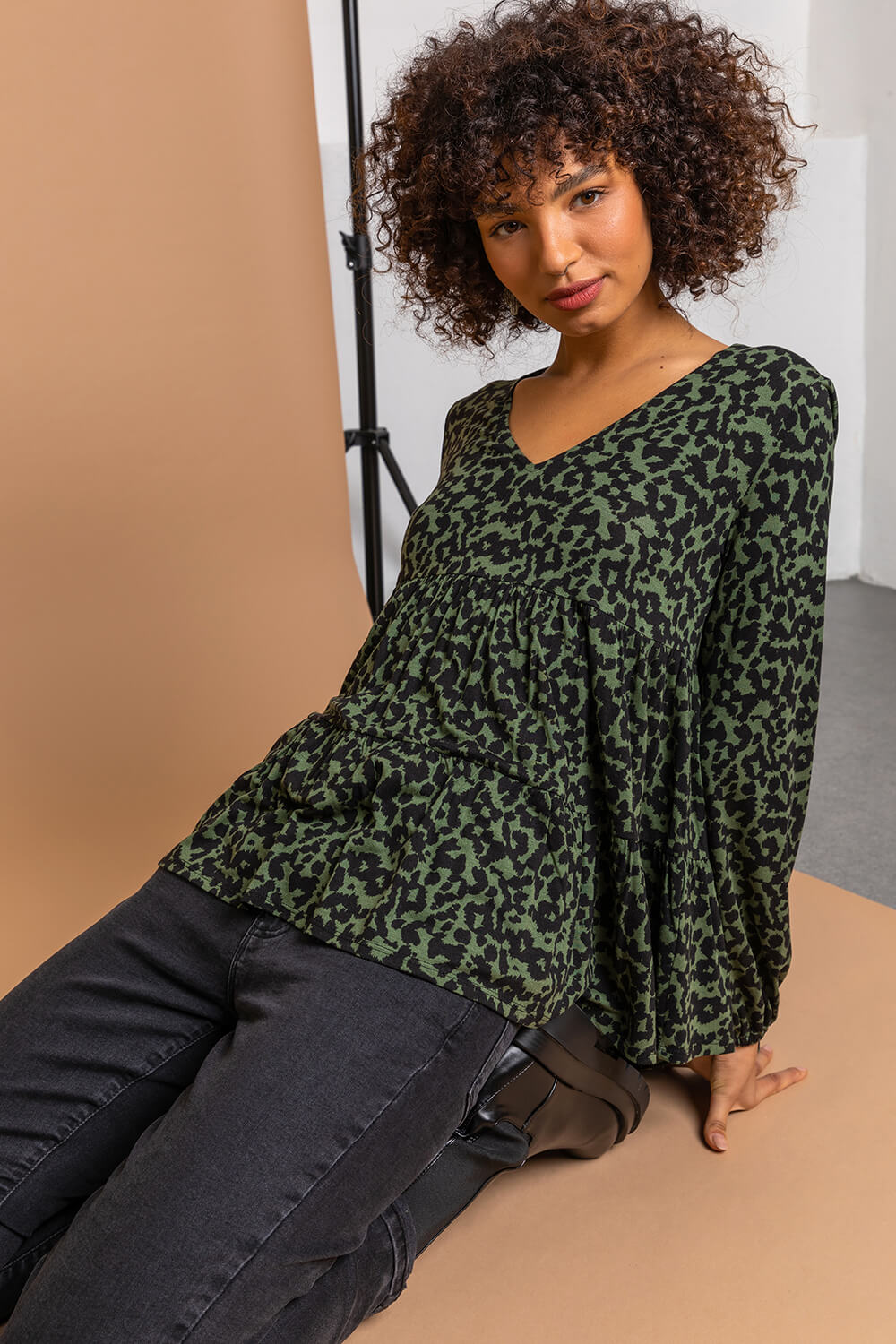 Green Animal Print V Neck Tiered Top, Image 5 of 5