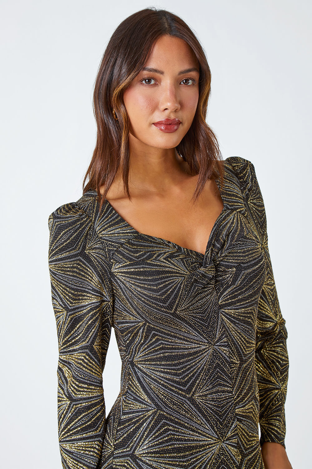 Gold Geometric Glitter Print Midi Stretch Dress, Image 4 of 5
