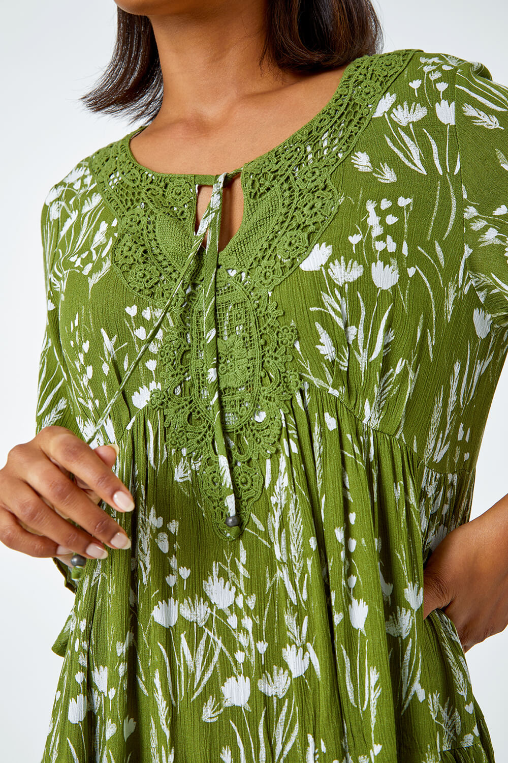 KHAKI Floral Print Lace Detail Smock Dress, Image 5 of 5