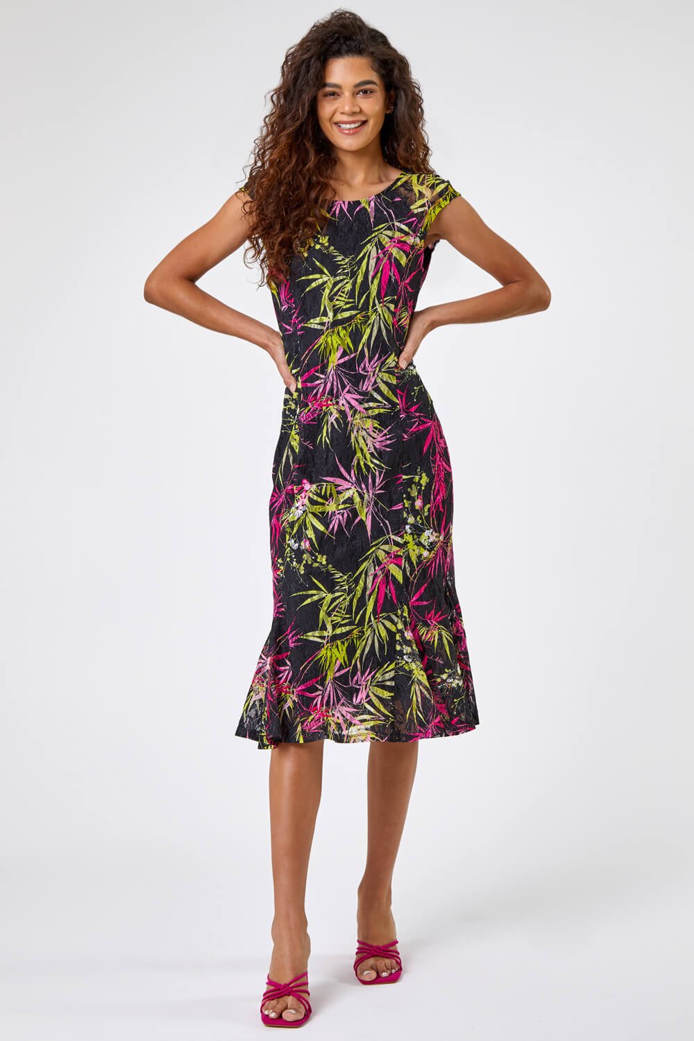Tropical Print Fluted Lace Dress