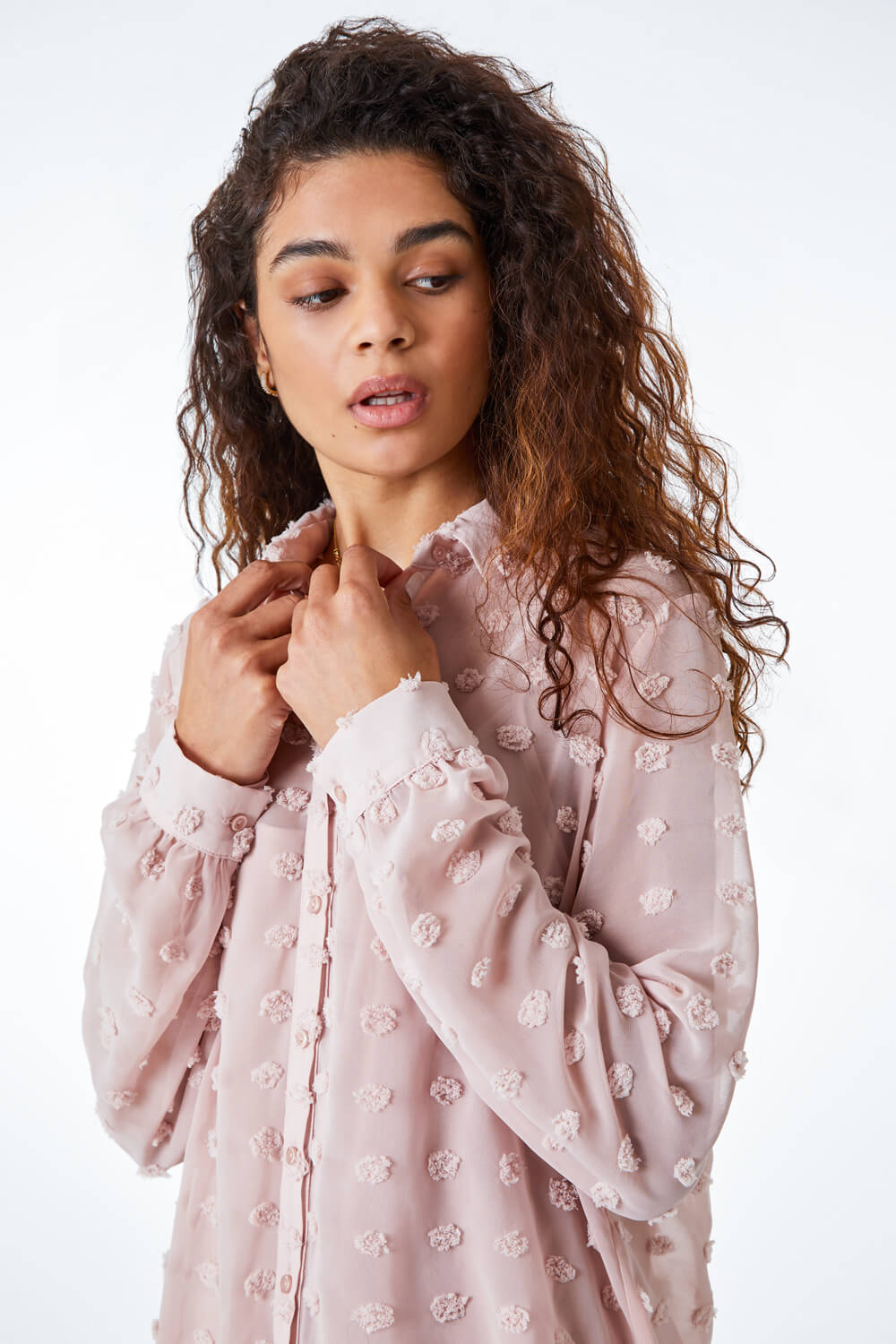 Light Pink Textured Spot Button Up Blouse, Image 5 of 5
