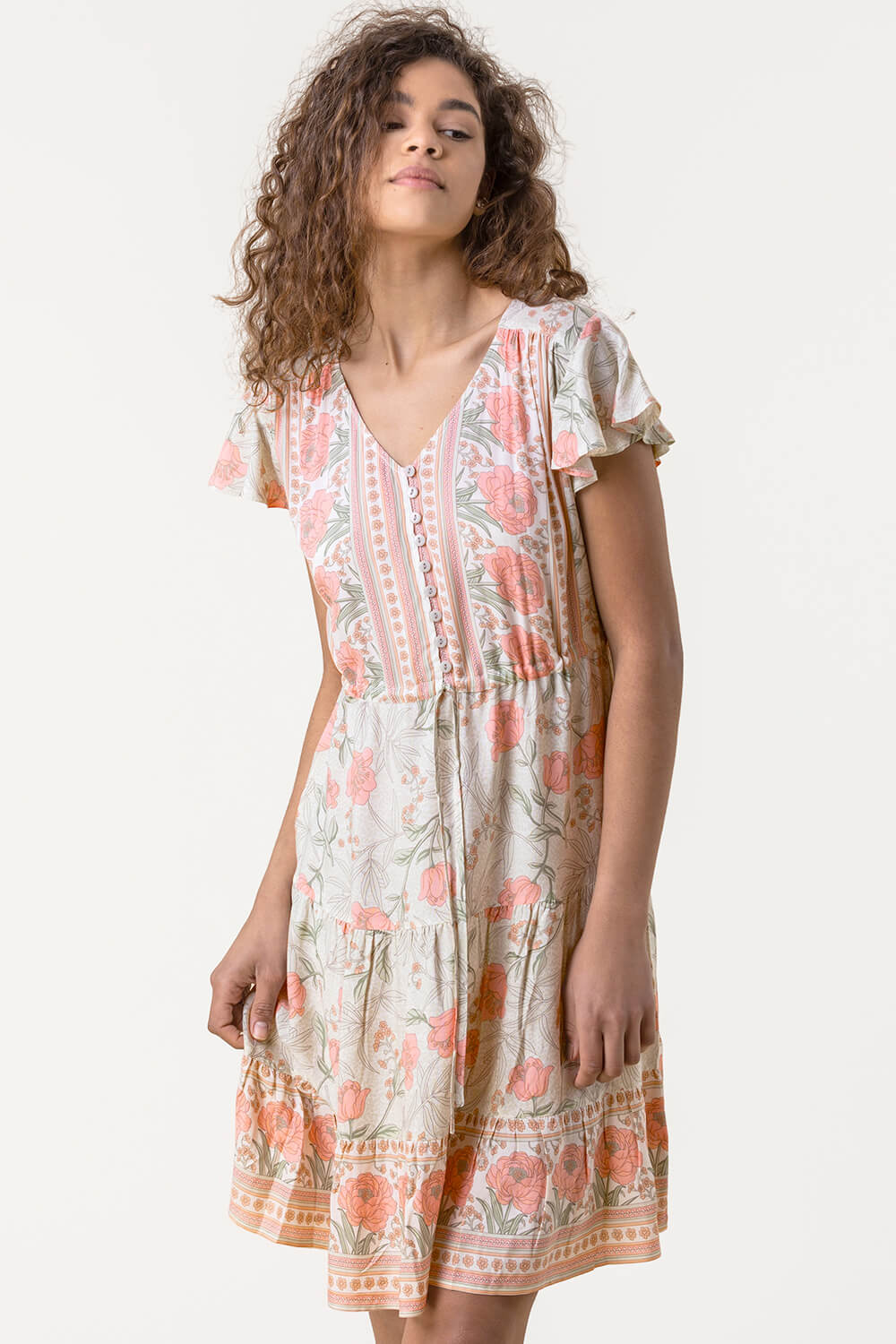 Multi  Floral Border Print Tiered Dress, Image 2 of 5