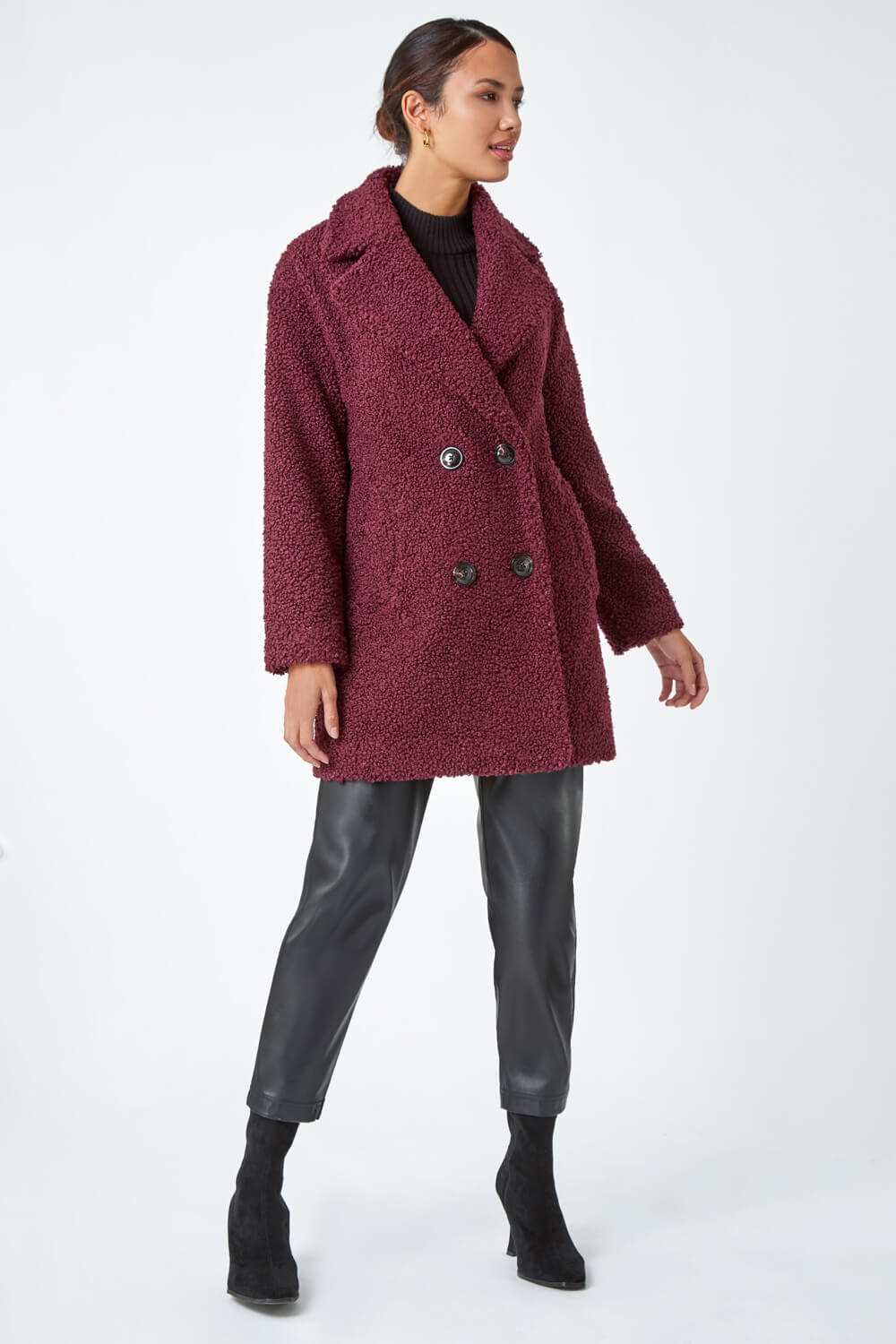 Burgundy Faux Fur Longline Teddy Coat, Image 2 of 5