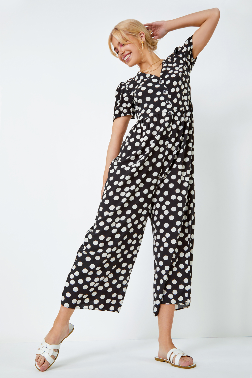 Black Polka Dot Print Culotte Jumpsuit, Image 2 of 5