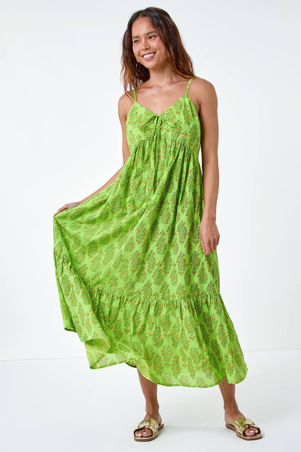 Lime Petite Paisley Tiered Cotton Midi Dress, Image 2 of 5