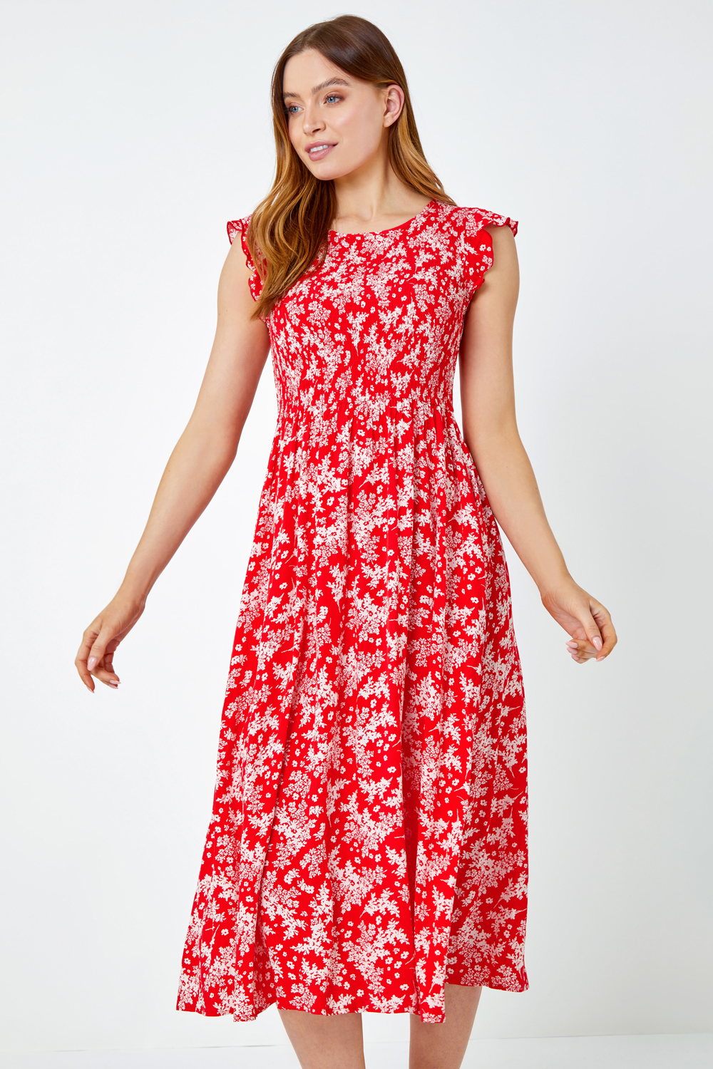 Red Floral Print Shirred Midi Dress | Roman UK