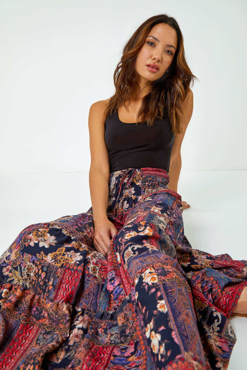 Boho Floral Shirred Waist Maxi Skirt