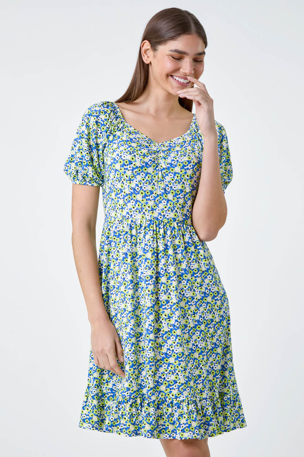 Lime Ditsy Floral Ruched Frill Stretch Dress, Image 4 of 5