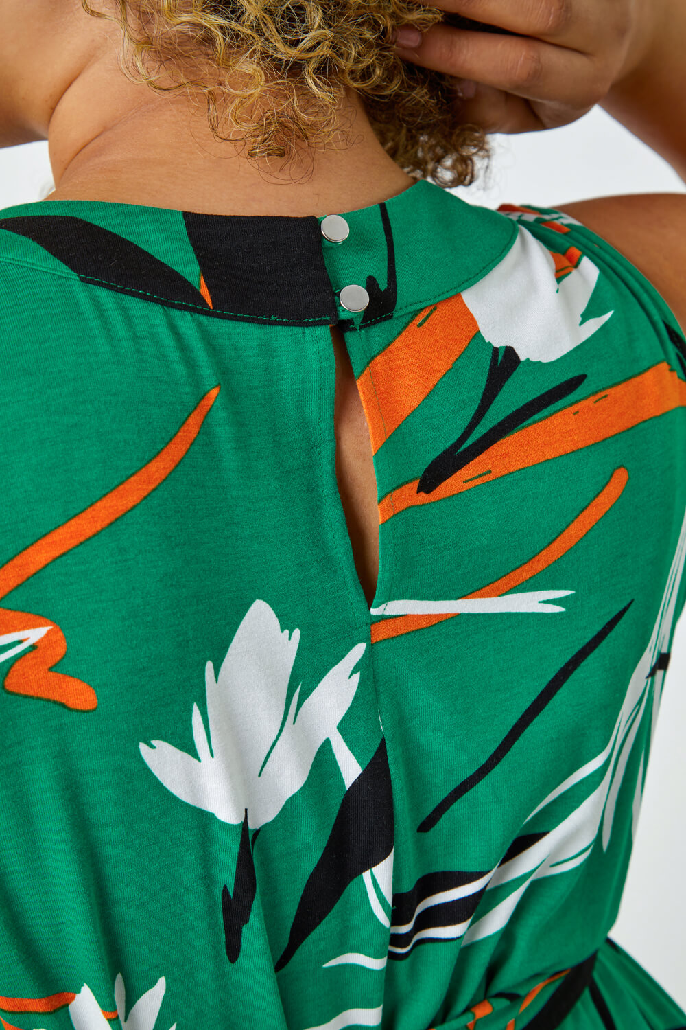 Green Curve Leaf Print Tie Detail Dress, Image 5 of 5