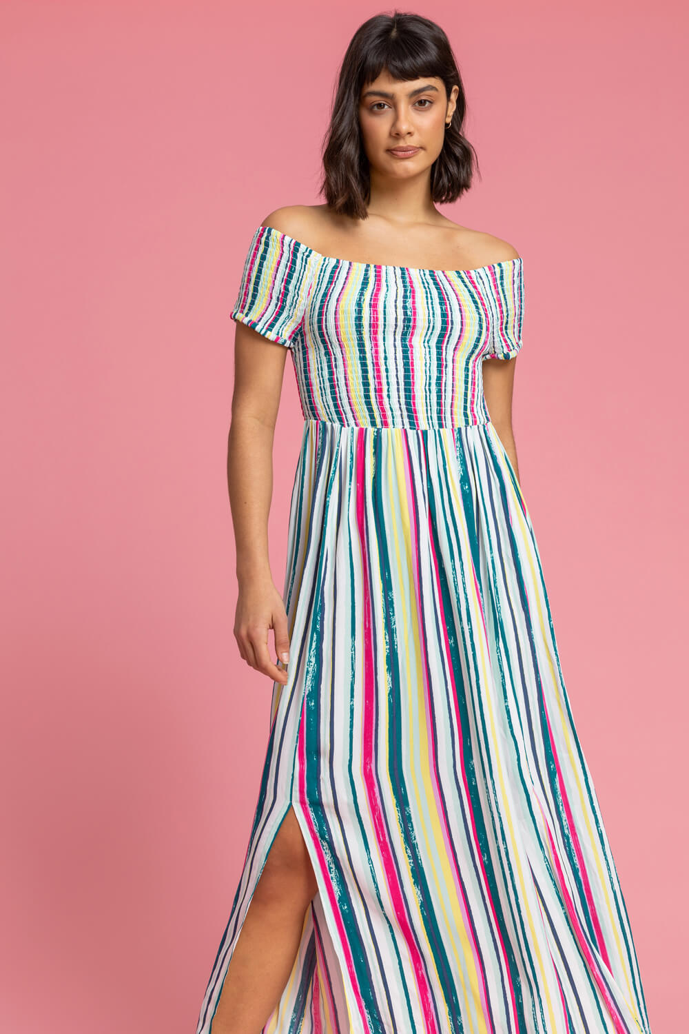 Shirred Stripe Print Bardot Dress