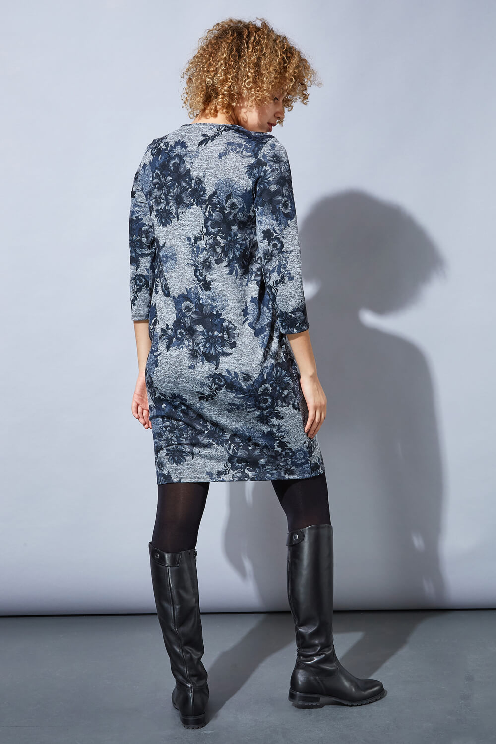 Grey Floral Print Cocoon Dress, Image 3 of 4