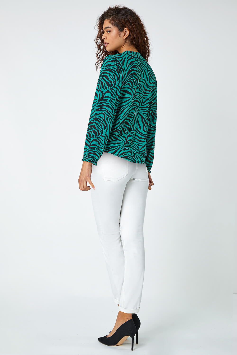 Green Animal Print Tie Neck Stretch Top, Image 3 of 5