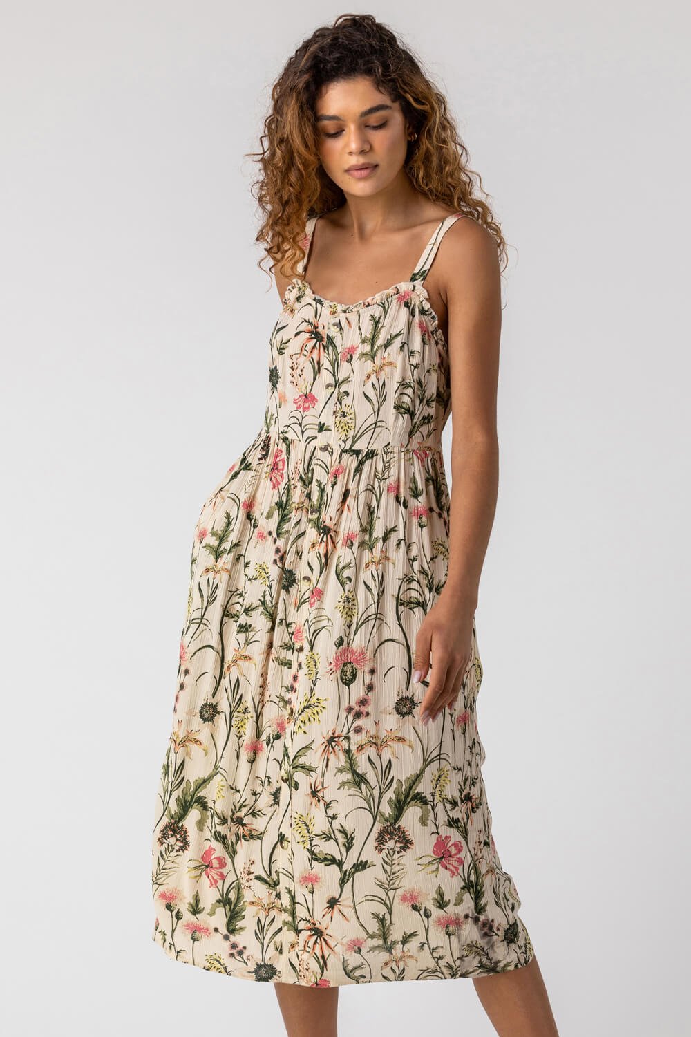 Ivory  Floral Print Button Down Sun Dress, Image 1 of 5