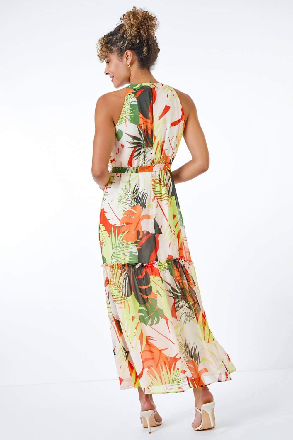 Lime Petite Tropical Print Tiered Dress, Image 3 of 5