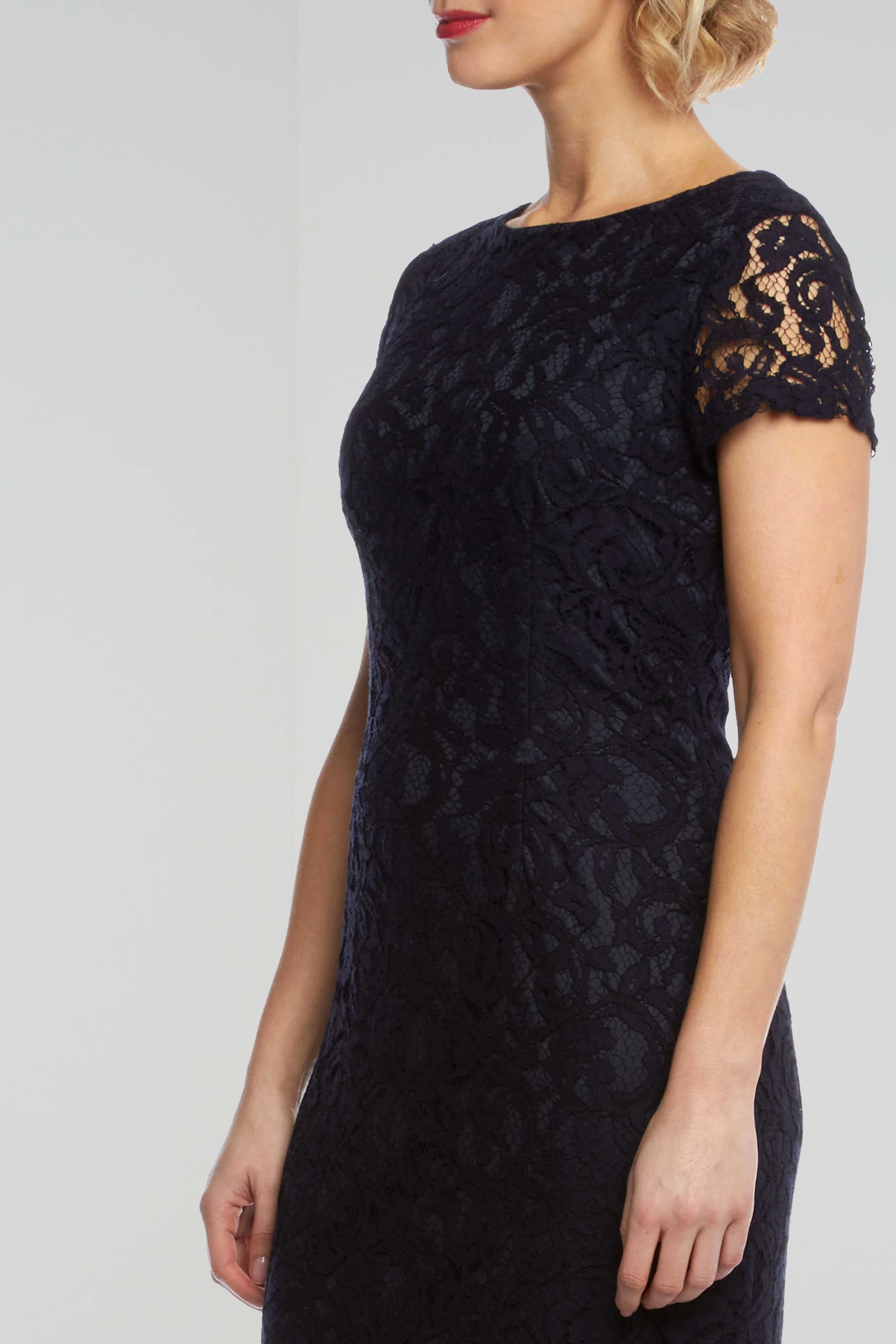 Navy  Short Sleeve Luxe Lace Dress, Image 2 of 4