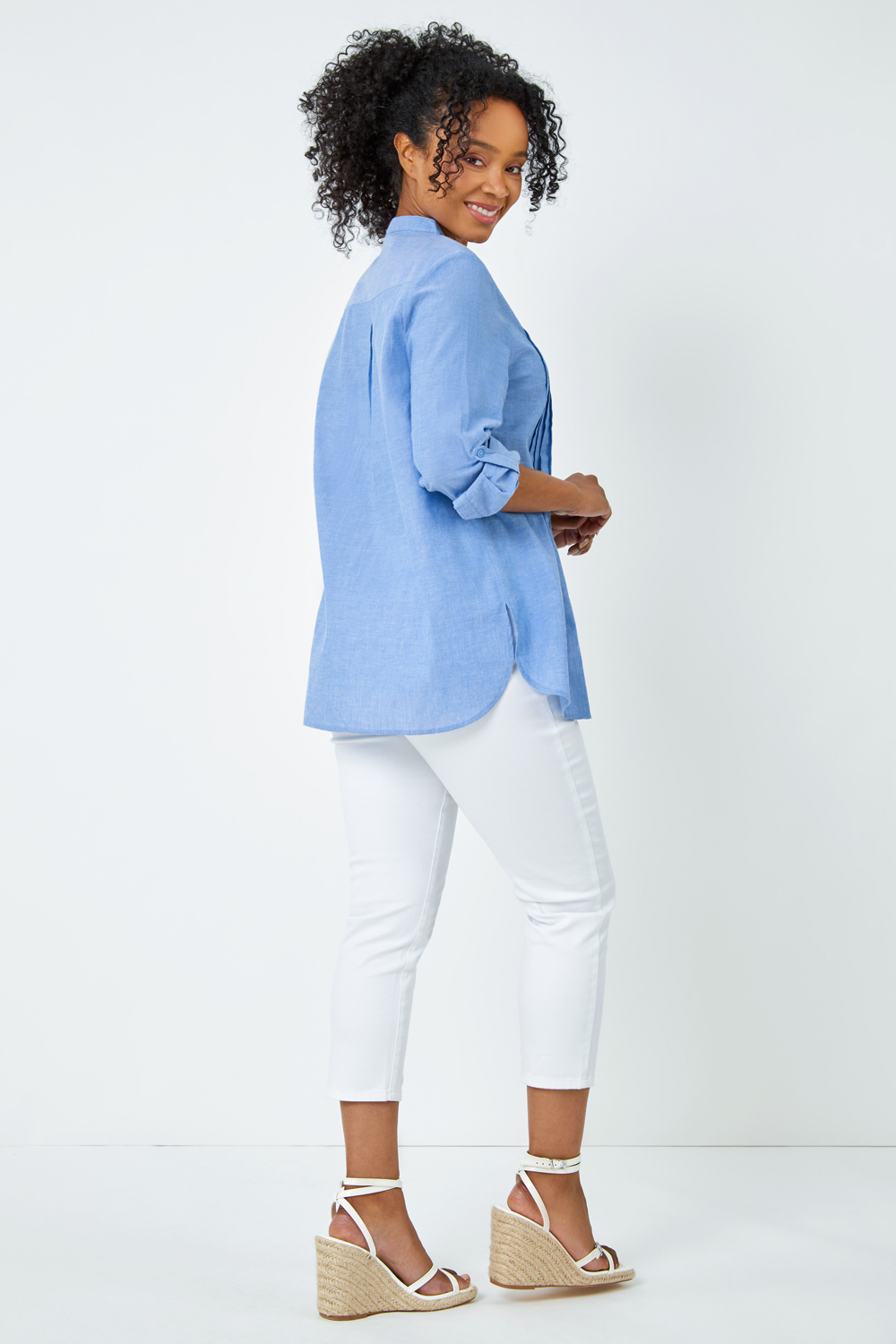 Blue Petite Collarless Cotton Shirt, Image 3 of 5