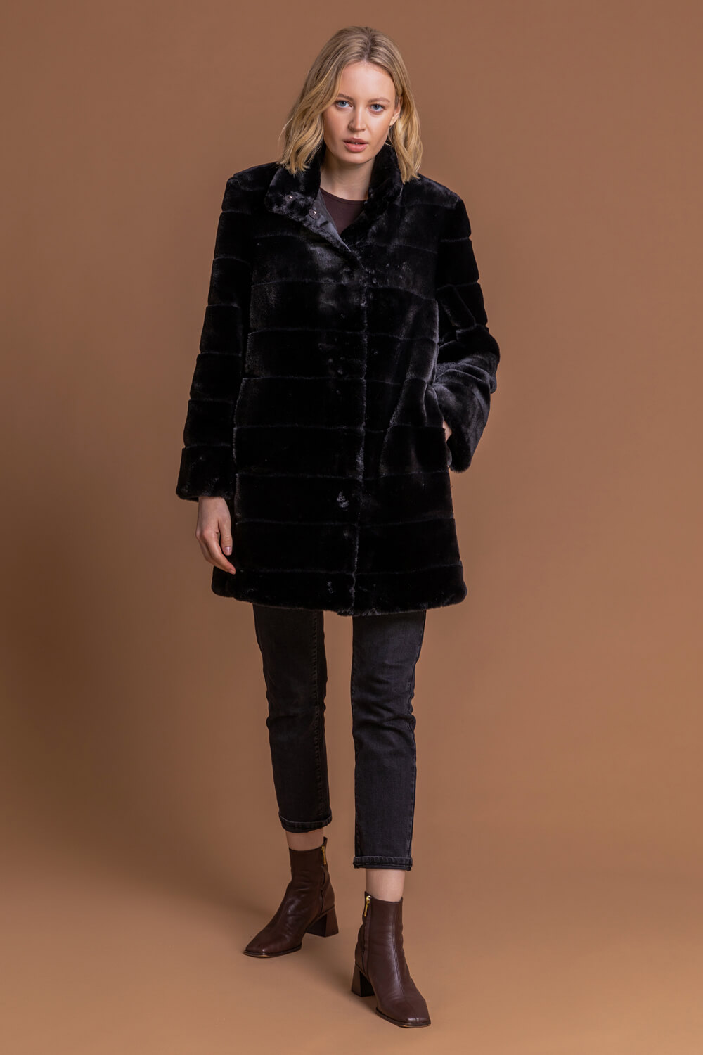 Black Faux Fur Embossed Stripe Coat, Image 5 of 5
