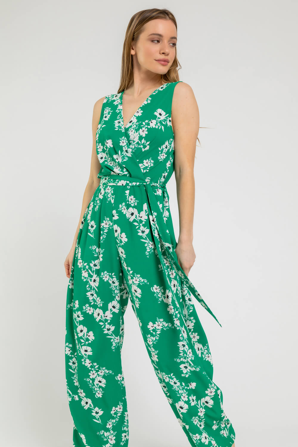 Petite Floral Belted Wrap Jumpsuit in Green - Roman Originals UK