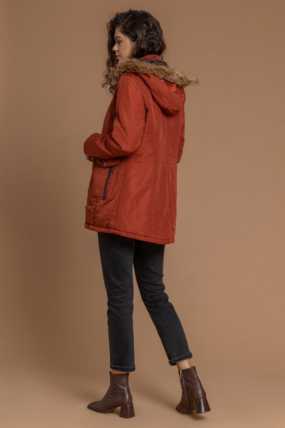 Rust Faux Leather Trim Hooded Parka Coat, Image 2 of 4