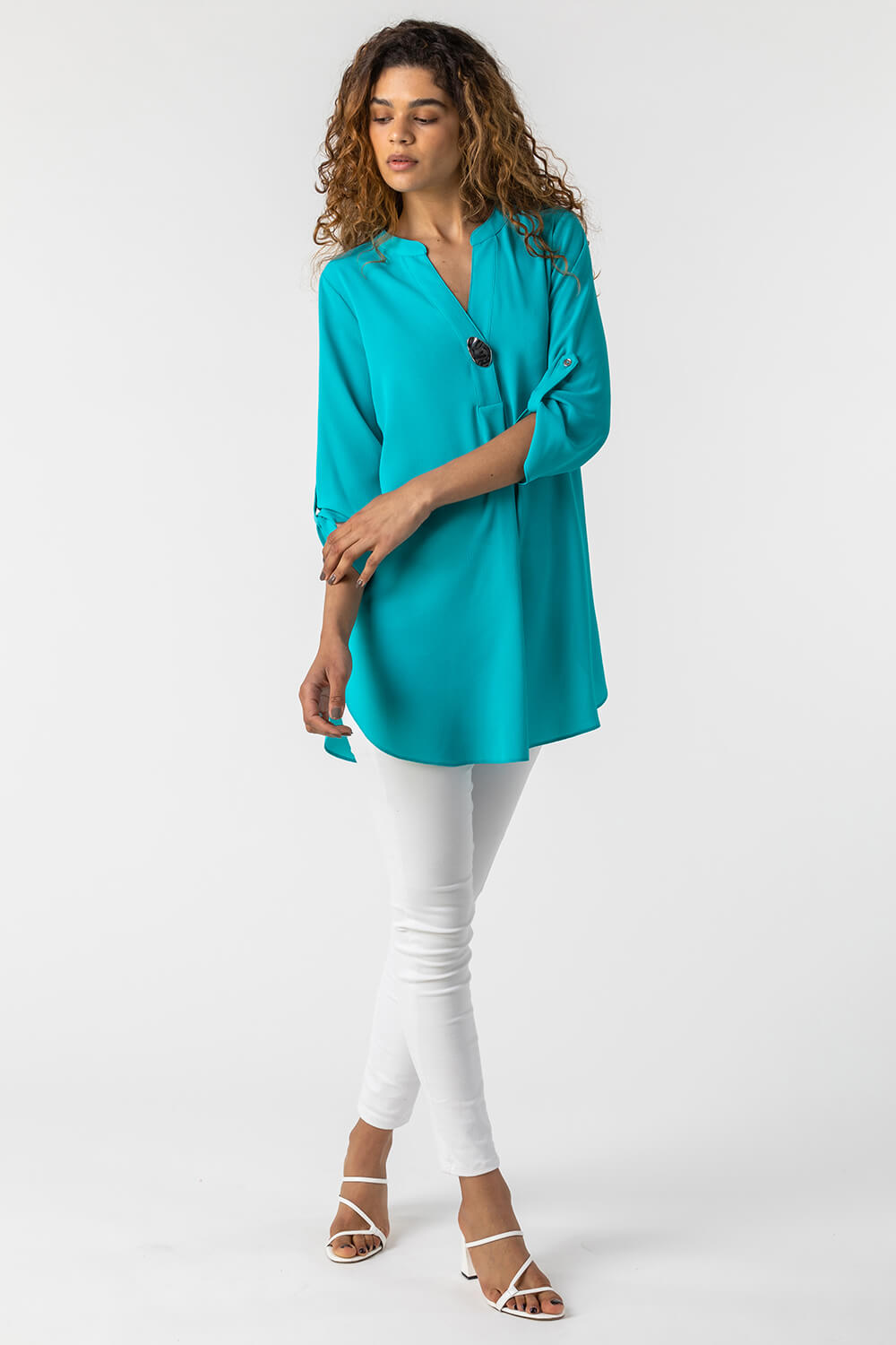 Turquoise Longline Button Detail Tunic Top, Image 3 of 4