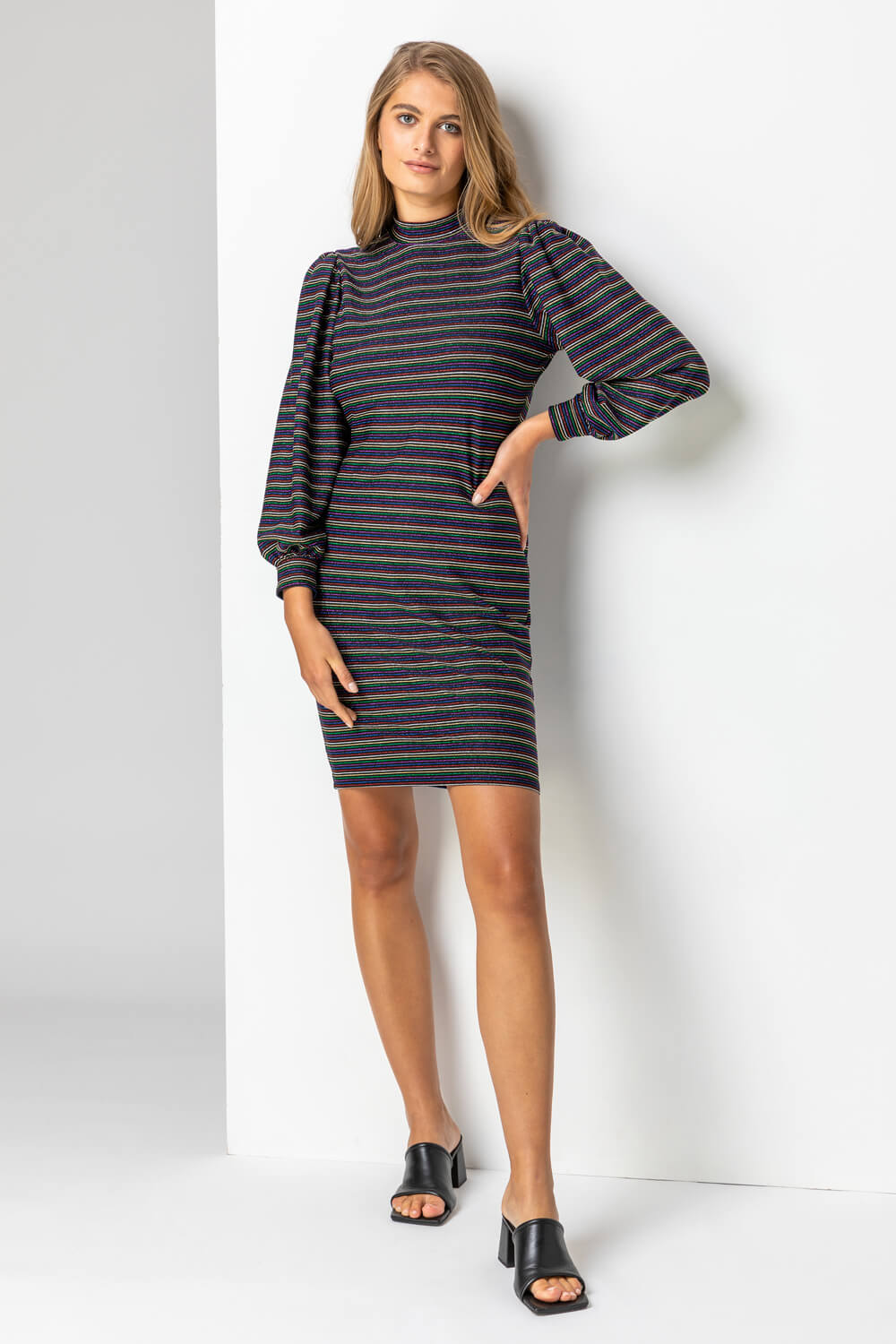 Multi  Shimmer Stripe High Neck Dress, Image 3 of 4