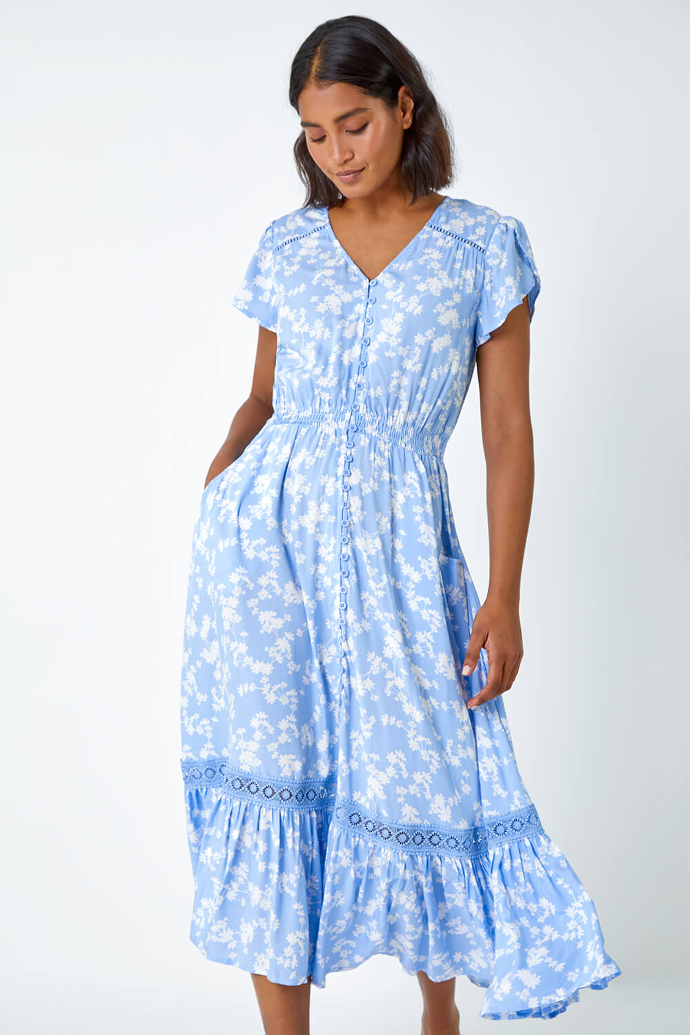 Light Blue  Floral Lace Detail Midi Dress, Image 4 of 5