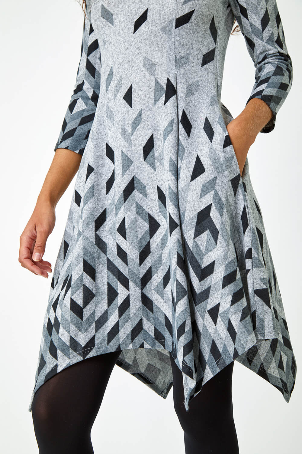 Grey Geometric Print Panelled Stretch Dress, Image 5 of 5