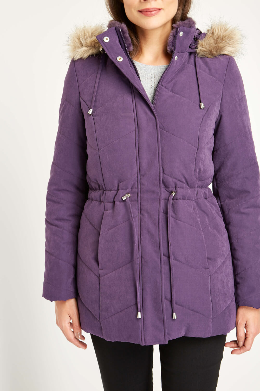 purple coat with fur hood