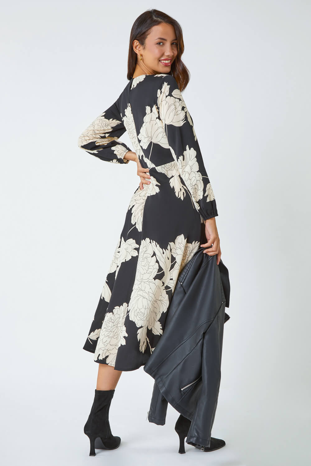 Black Floral Contrast Print Midi Dress, Image 3 of 5