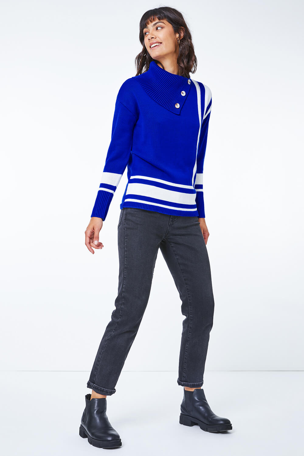 Royal Blue Textured Knit Button Detail Stripe Jumper, Image 2 of 5