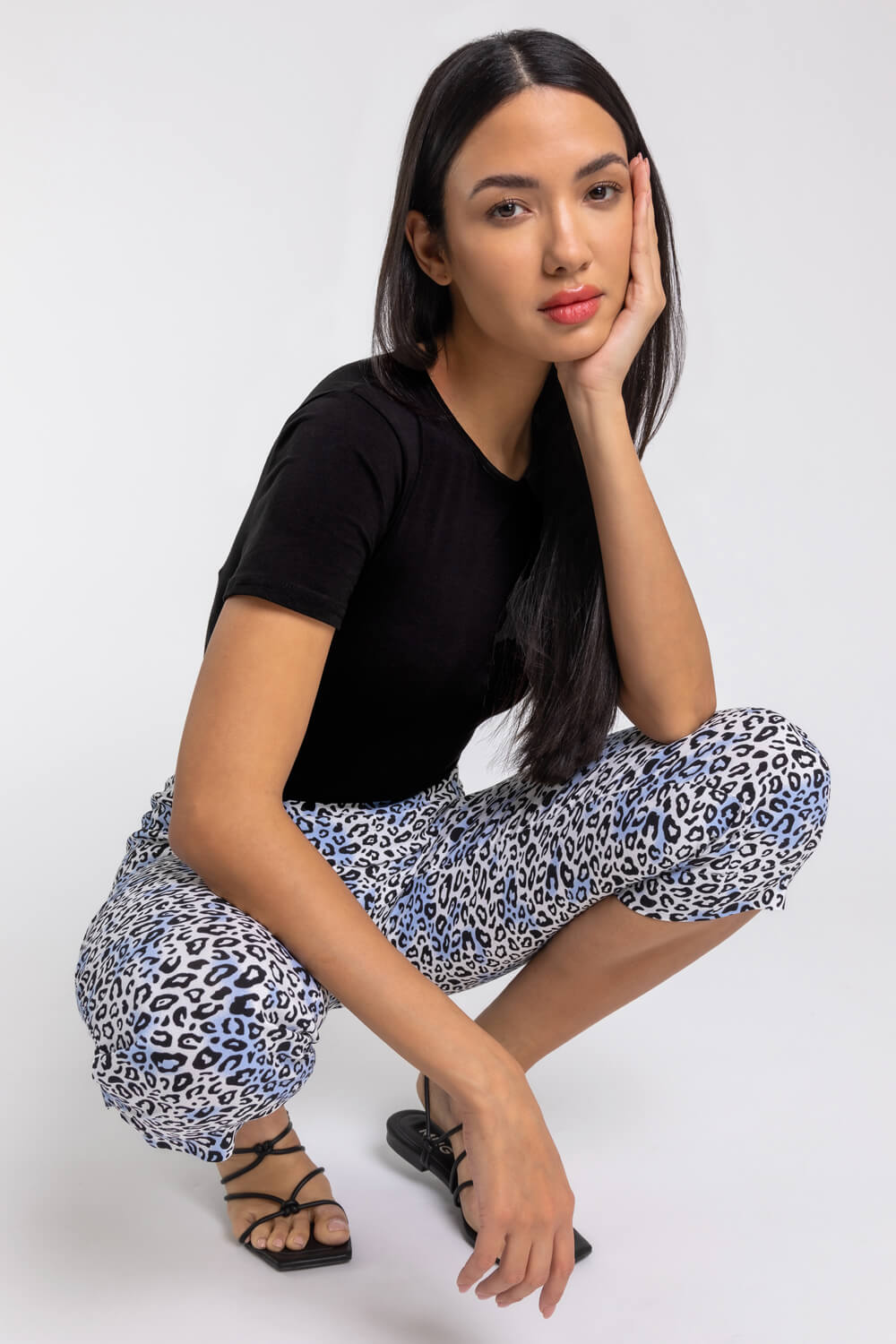Blue Leopard Print Cropped Stretch Trouser, Image 4 of 4