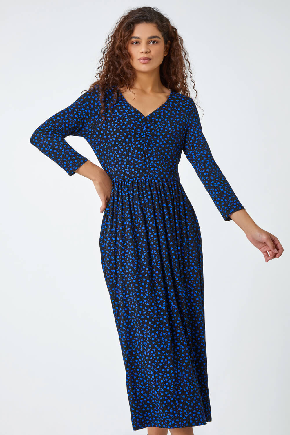 Royal Blue Heart Print Ruched Detail Stretch Midi Dress, Image 2 of 5
