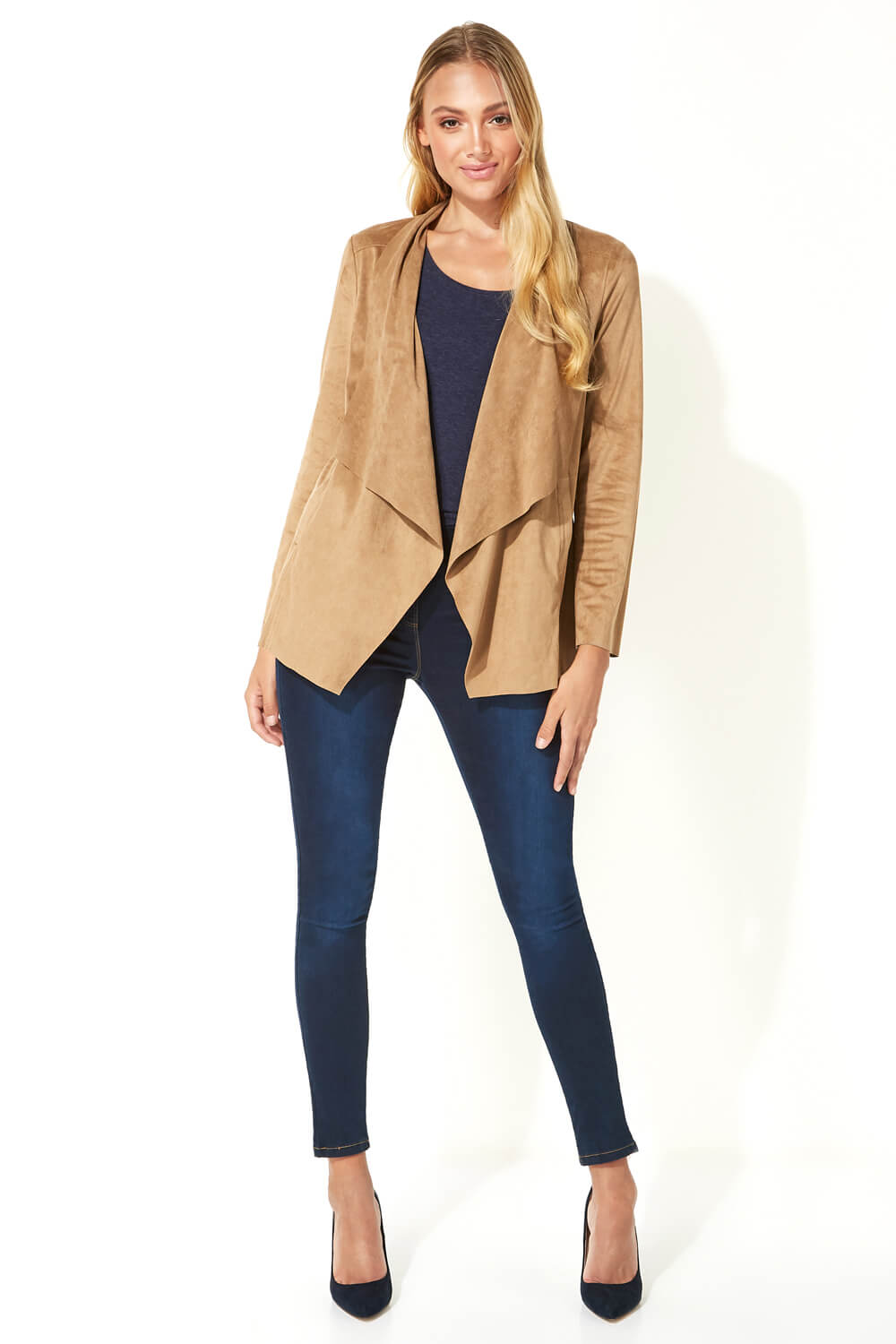 Camel  Faux Suede Waterfall Front Jacket, Image 2 of 5