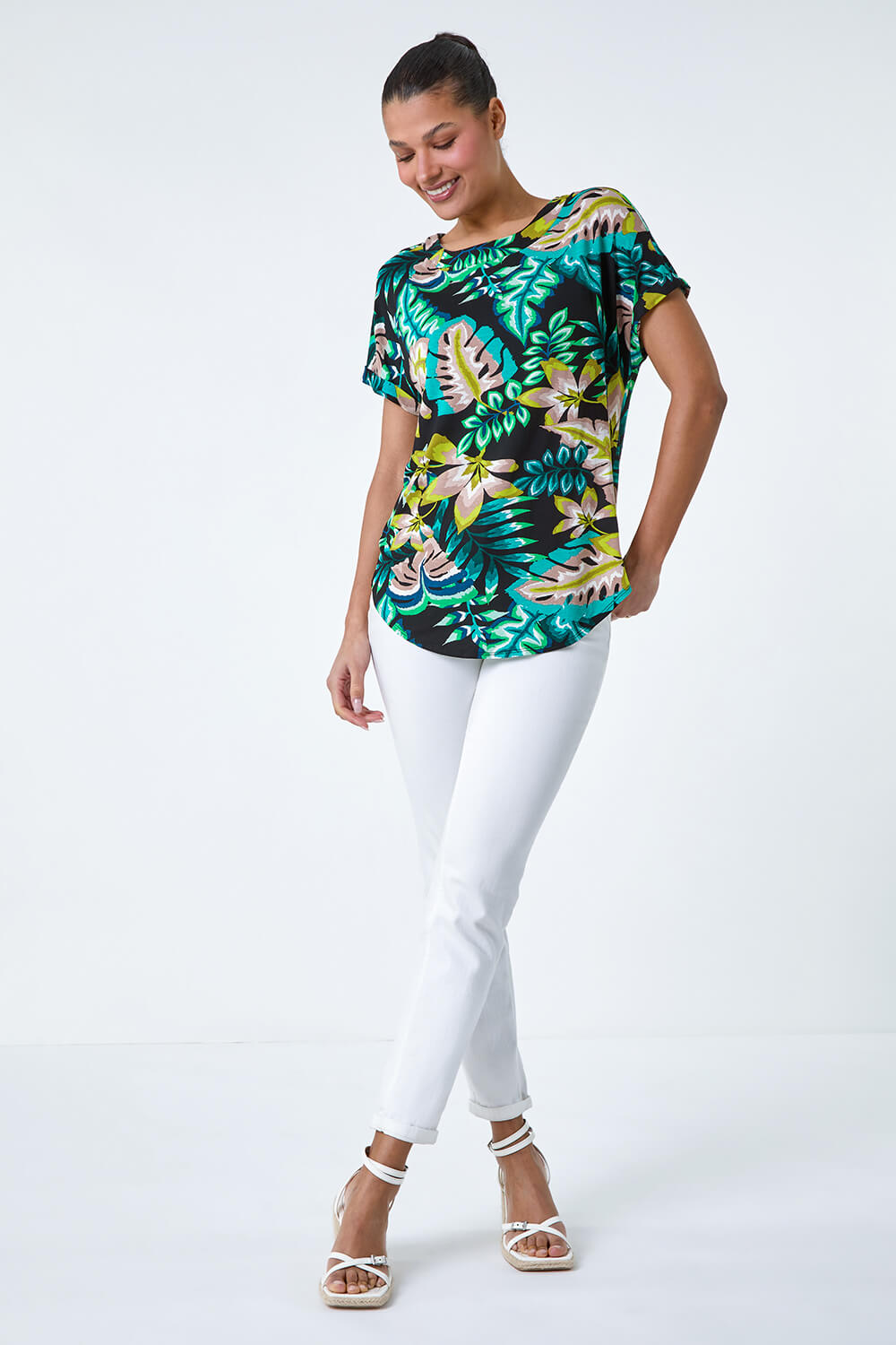 Green Tropical Leaf Print Stretch T-Shirt, Image 2 of 6