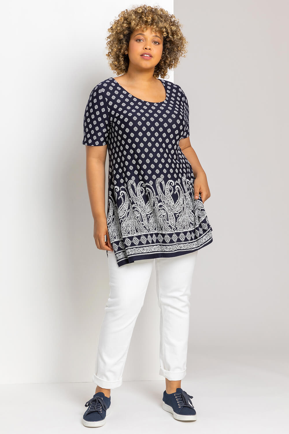 Navy  Curve Paisley Border Print Top, Image 3 of 4