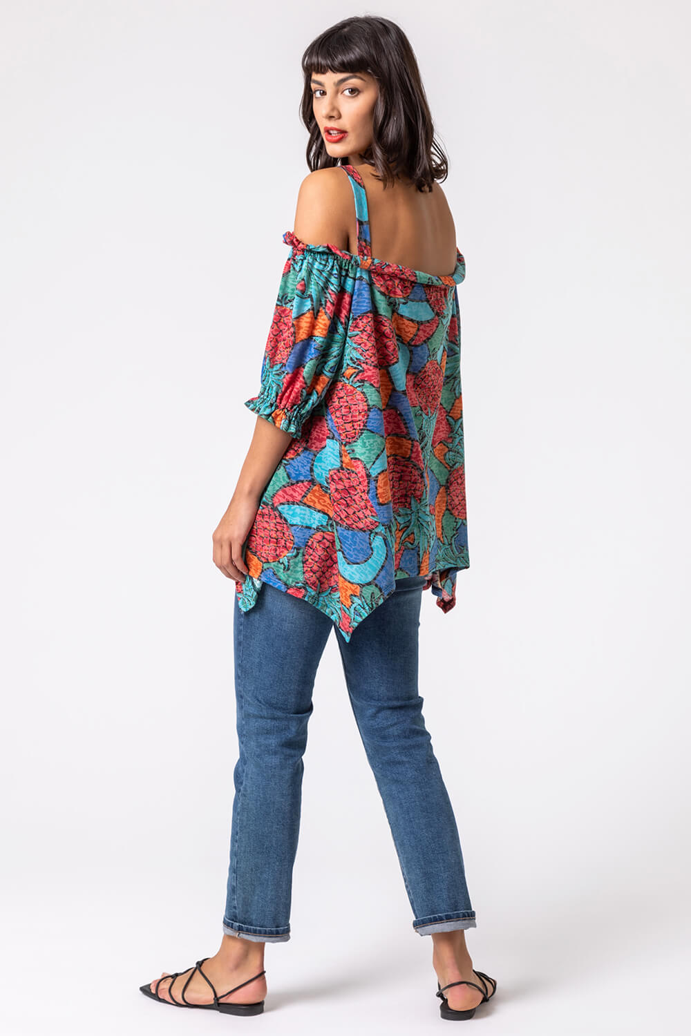 Turquoise Burnout Pineapple Print Cold Shoulder Top, Image 2 of 4