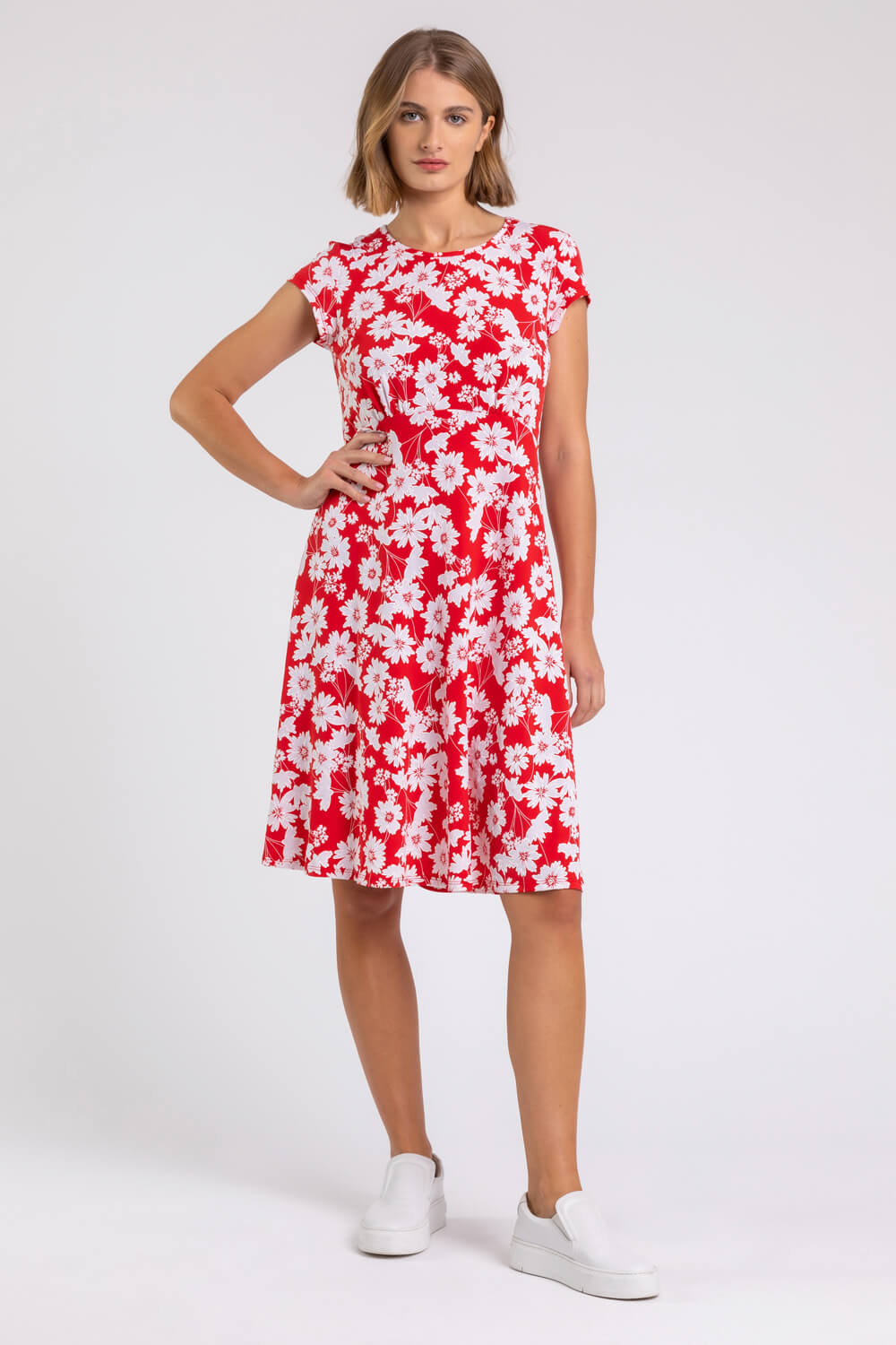 Red Floral Print Stretch Jersey Tea Dress, Image 3 of 4