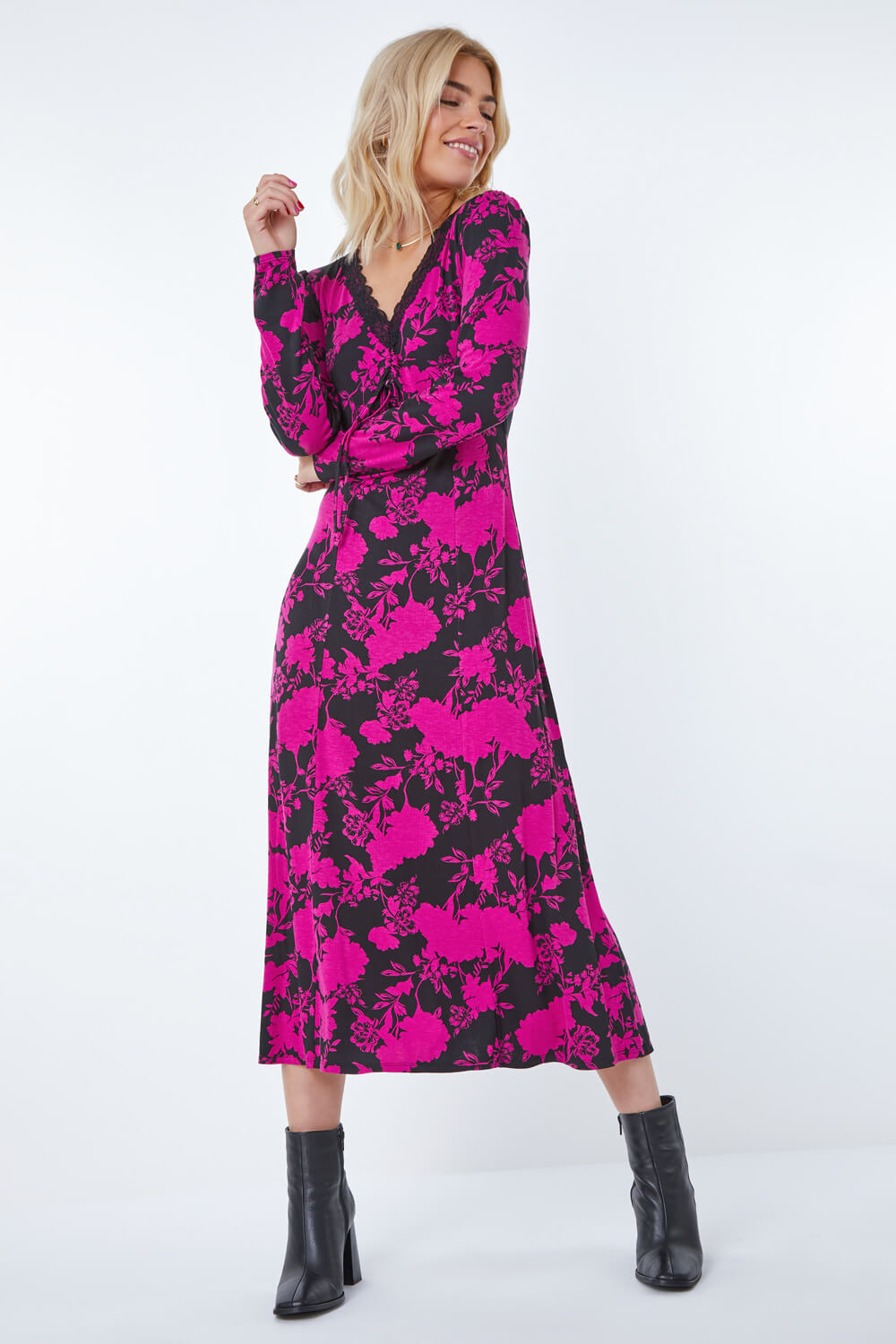 Fushcia Floral Print Lace Trim Midi Dress, Image 2 of 5