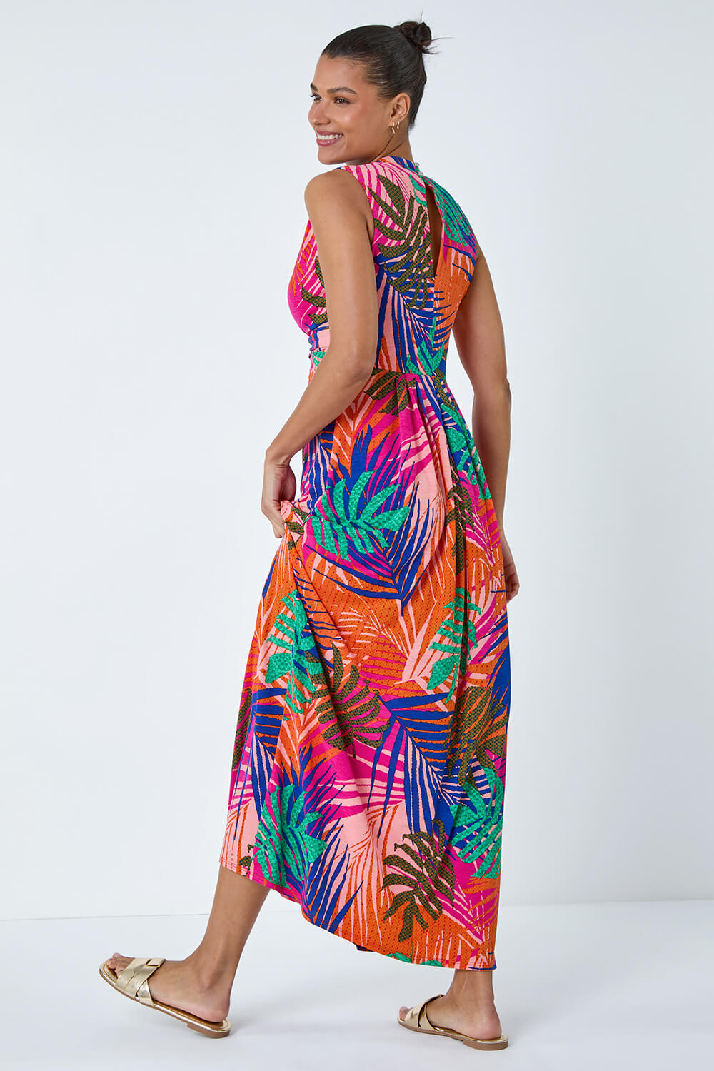 Tropical Gathered Stretch Maxi Dress