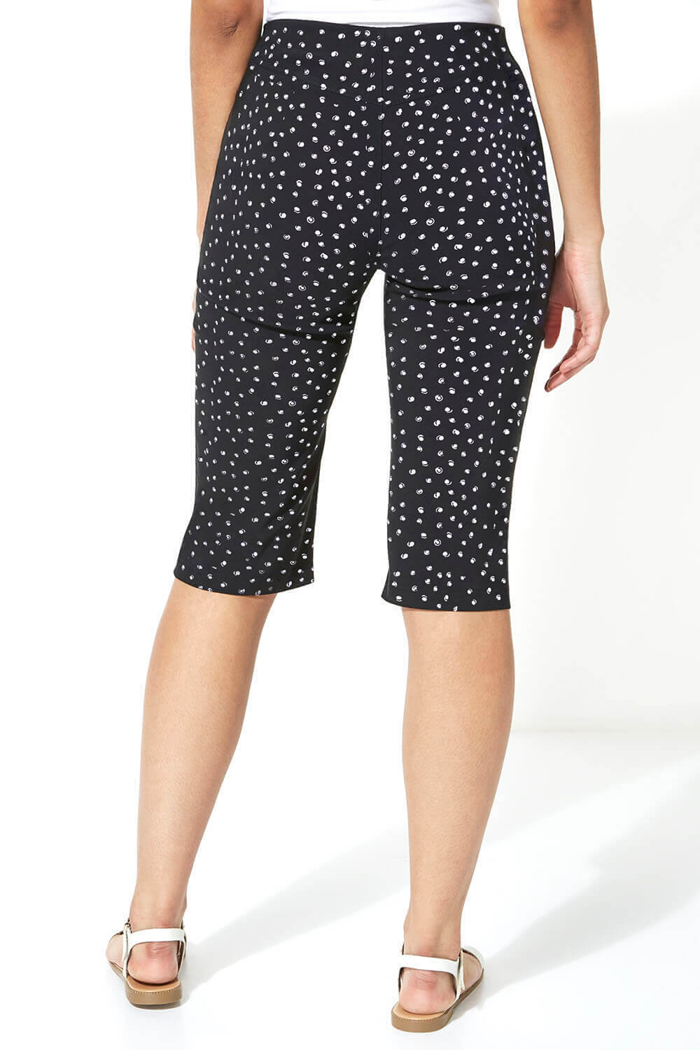 Black Polka Dot Stretch Knee Length Shorts, Image 2 of 4