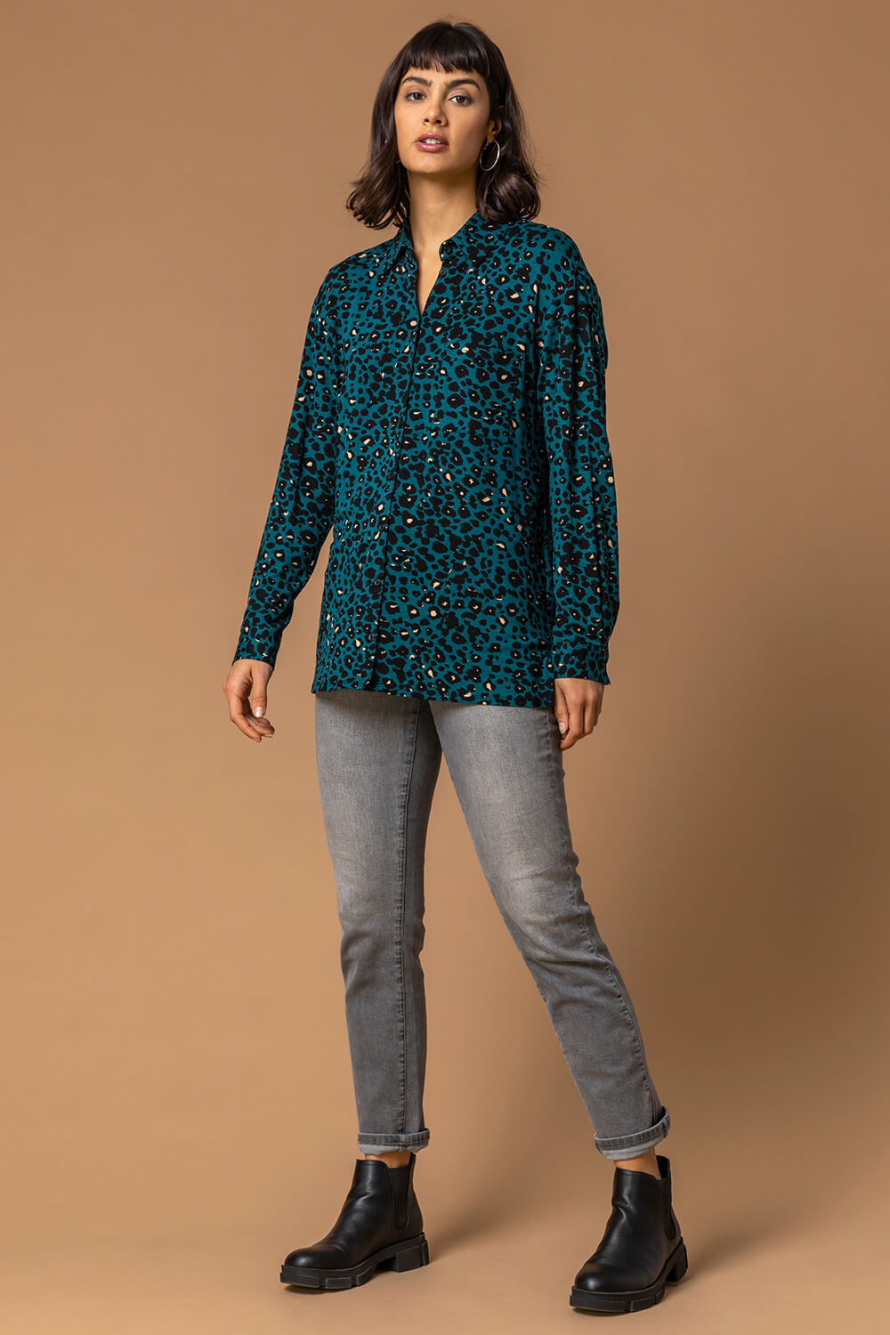 Teal Animal Print Jersey Buttoned Shirt, Image 3 of 4