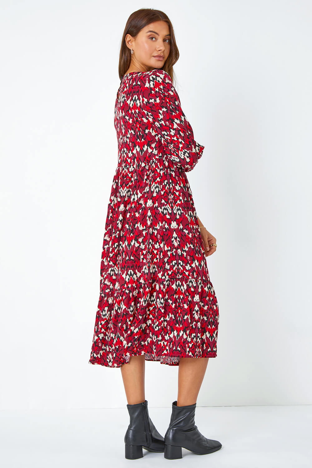 Red Abstract Print Tiered Smock Midi Dress, Image 3 of 5