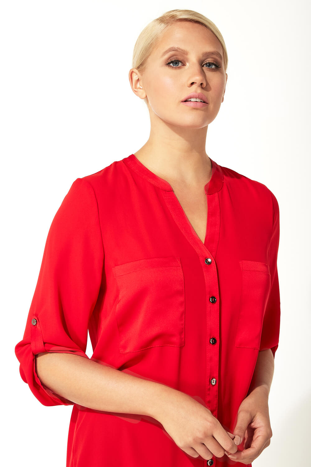 Red Longline Button Through Blouse, Image 4 of 5